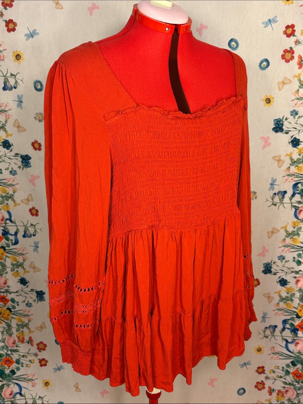 Super Soft by Torrid - Red Smocked Peasant Tunic w/ Eyelet Detail Size 3
